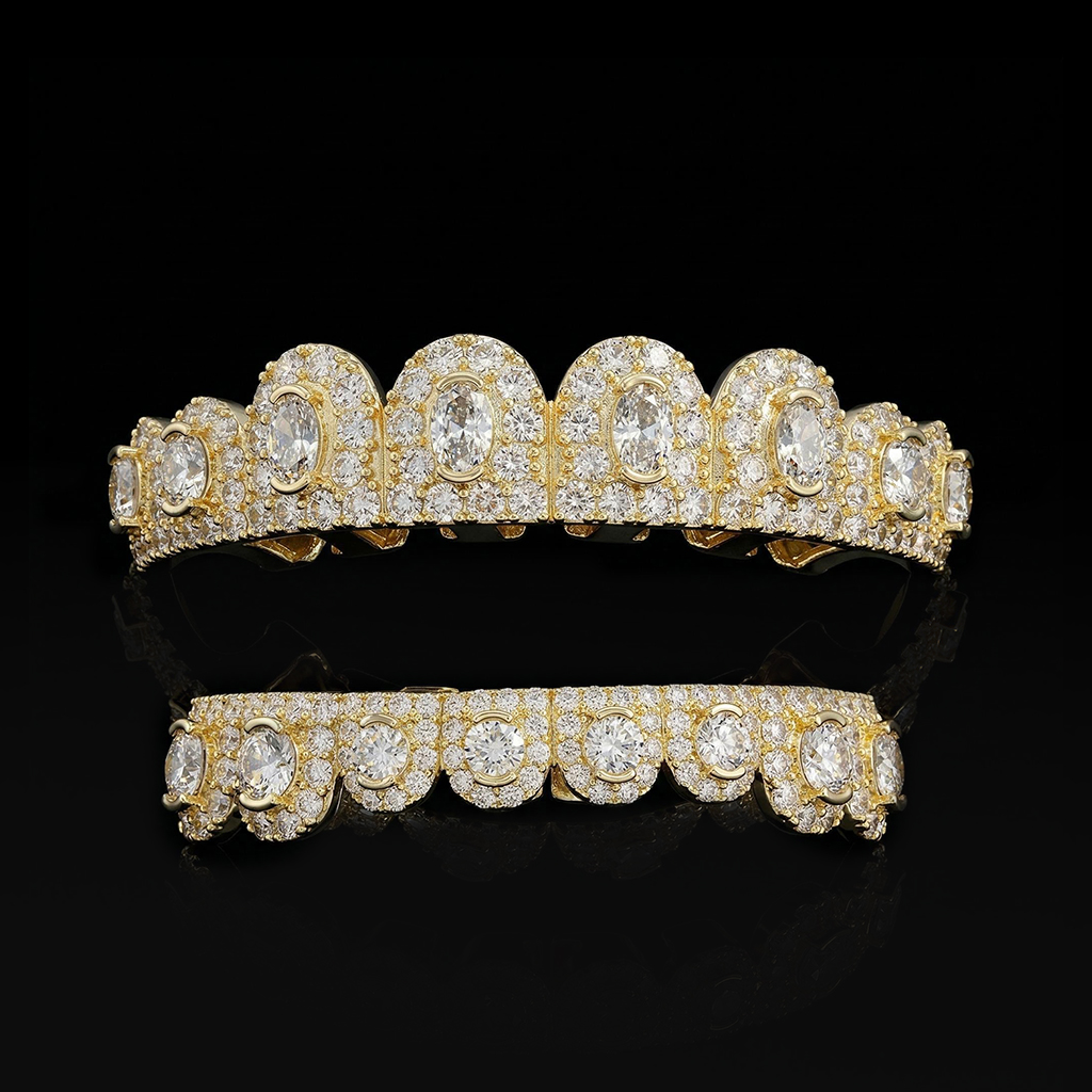 Iced Out Out Oval Cut Grillz Set For Hip Hop Jewelry Style