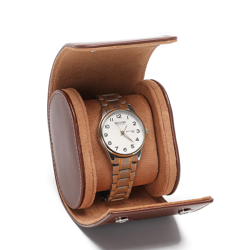 Leather Single Watch Travel Case - Black/brown With Street Luxury Shine