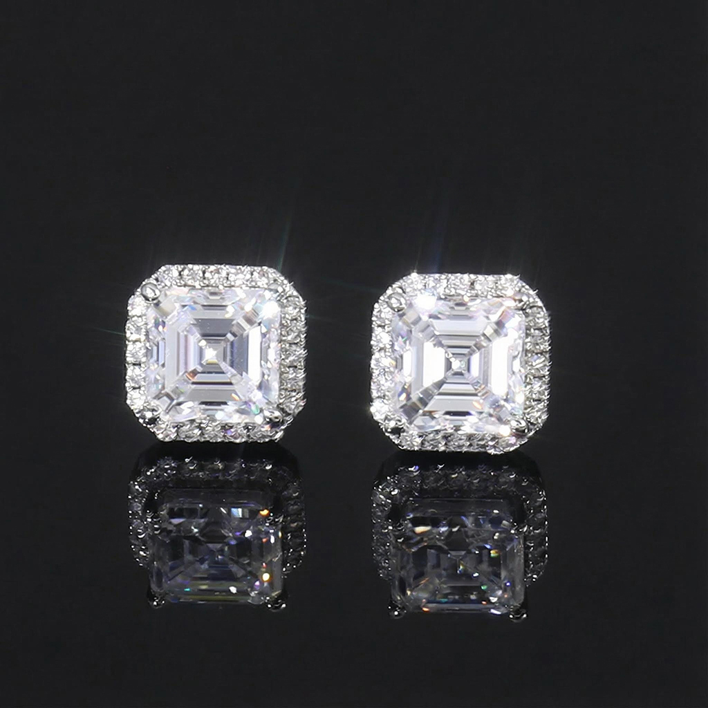 S925 Sterling Silver Moissanite Asscher Cut Halo Claw Earrings Iced Out