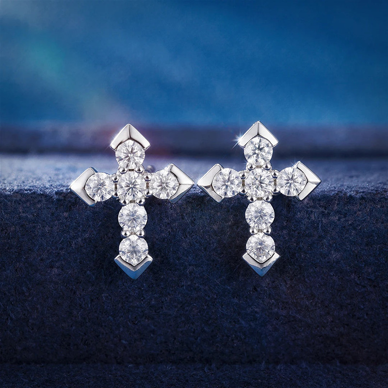 Moissanite Cross Stud Earrings In S925 Sterling Silver Iced Out - Image 6