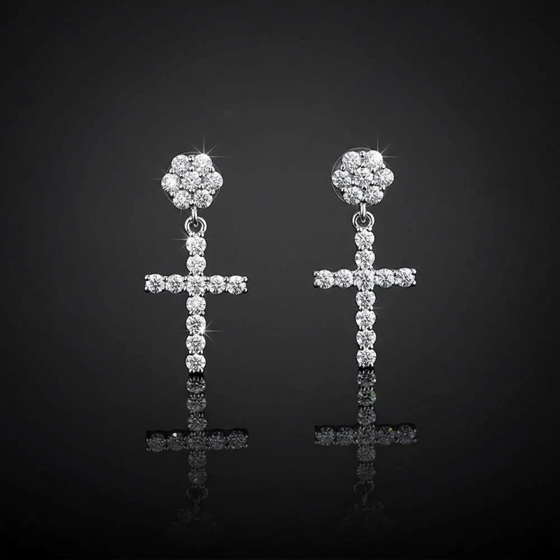 Moissanite Flower Cluster Cross Earrings In S925 Silver Iced Out - Image 3