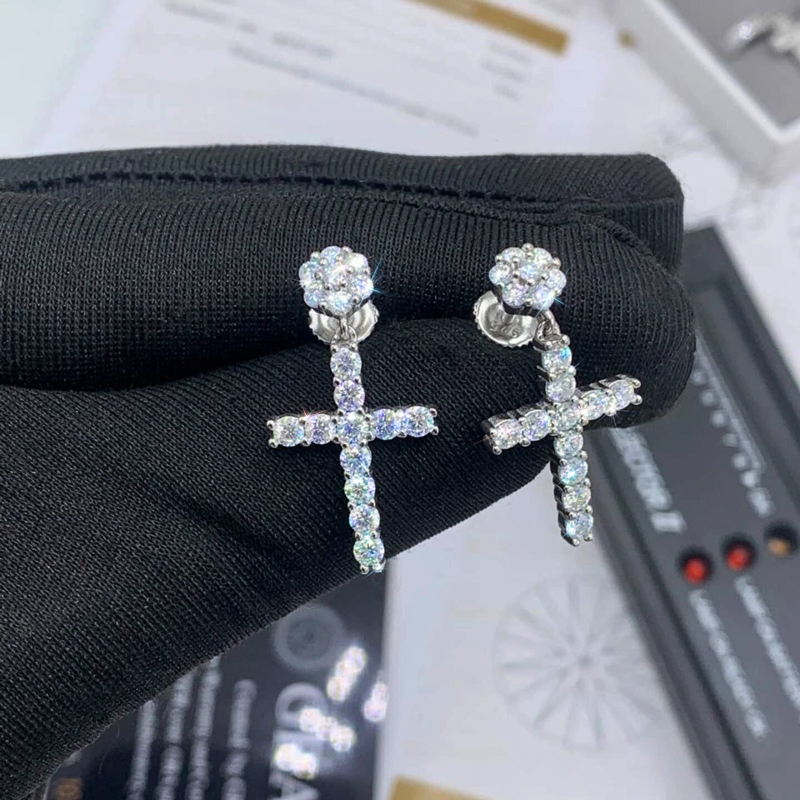 Moissanite Flower Cluster Cross Earrings In S925 Silver Iced Out - Image 4