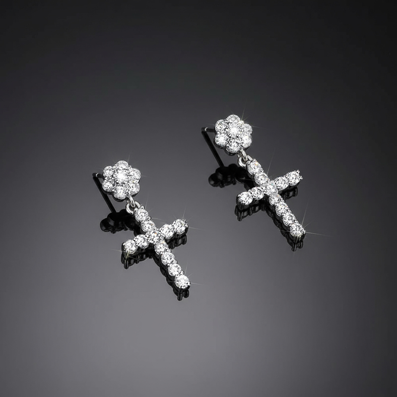 Moissanite Flower Cluster Cross Earrings In S925 Silver Iced Out - Image 5