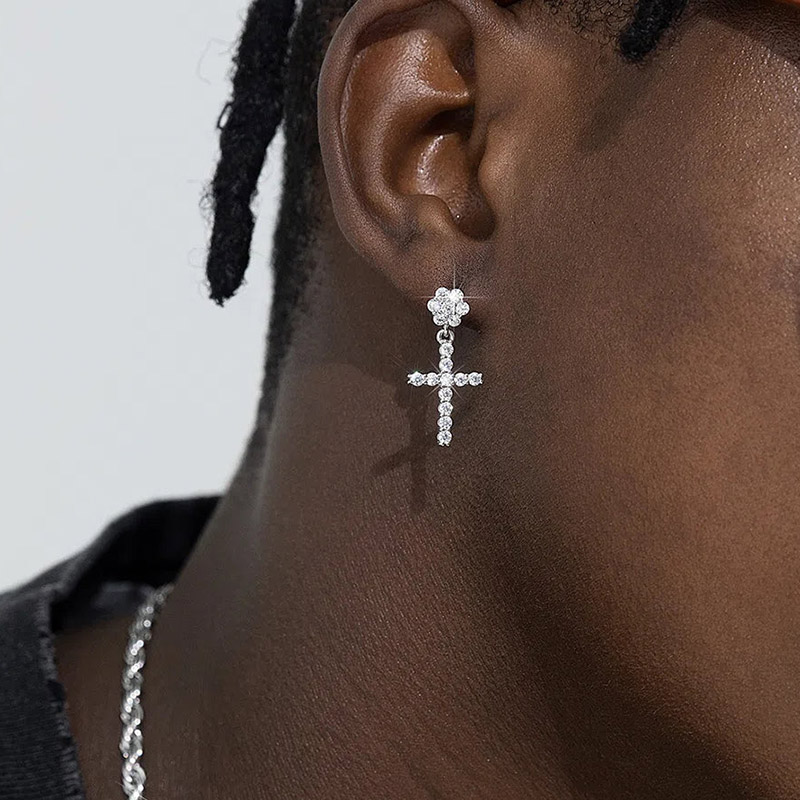 Moissanite Flower Cluster Cross Earrings In S925 Silver Iced Out - Image 6