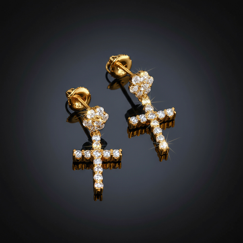 Moissanite Flower Cluster Cross Earrings In S925 Silver Iced Out - Image 7