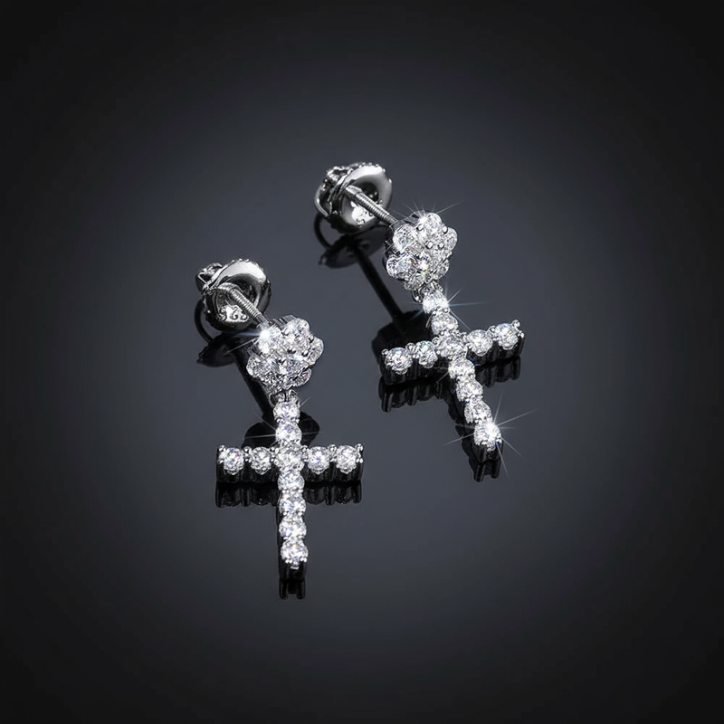 Moissanite Flower Cluster Cross Earrings In S925 Silver Iced Out