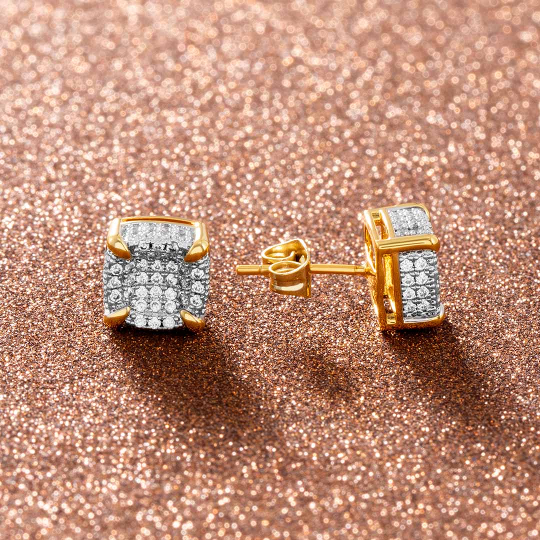 Moissanite Rounded Square Stud Earrings In 18k Gold Plated Iced Out - Image 3