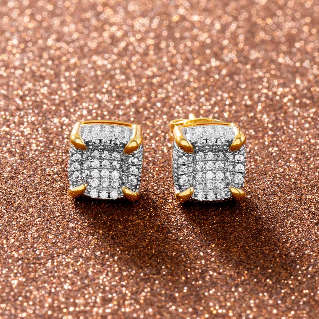 Moissanite Rounded Square Stud Earrings In 18k Gold Plated Iced Out