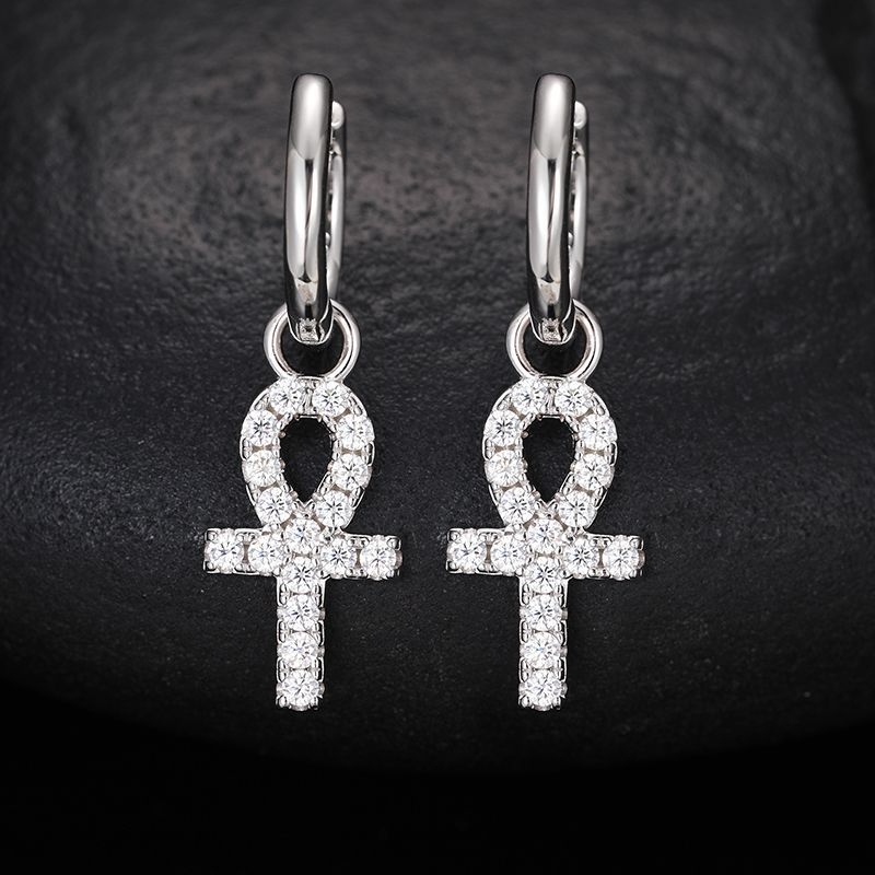 Moissanite Ankh Dangle Earrings In S925 Sterling Silver Iced Out - Image 3