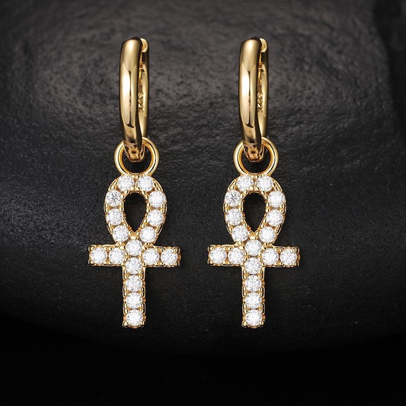 Moissanite Ankh Dangle Earrings In S925 Sterling Silver Iced Out