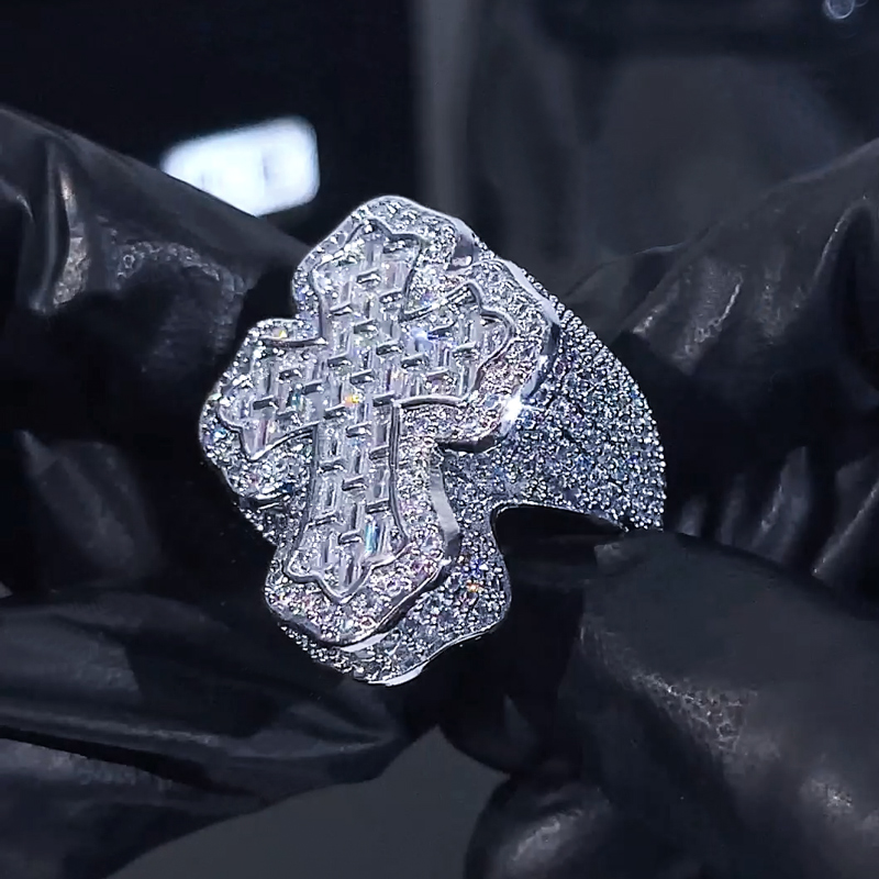 Moissanite Iced Out Cross-shaped Baguette Ring With Street Luxury Shine