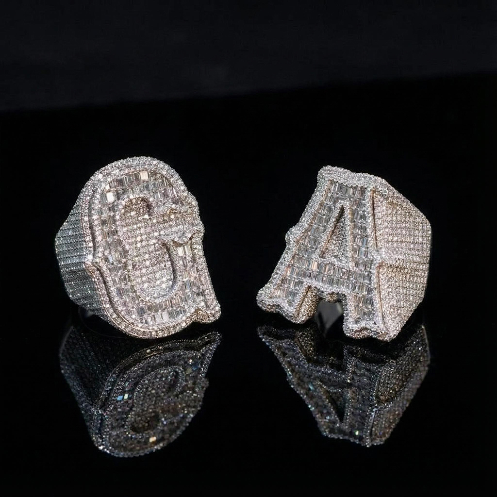 Moissanite Iced Out Custom Baguette Cut Initial Name Ring Silver - Image 3