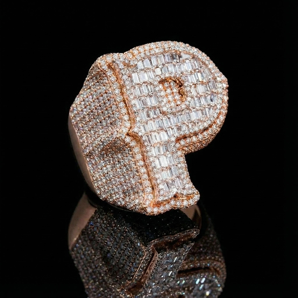 Moissanite Iced Out Custom Baguette Cut Initial Name Ring Silver - Image 6