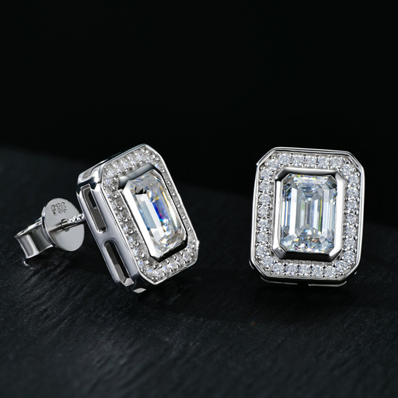 Moissanite Emerald Cut Earrings In S925 Sterling Silver Iced Out