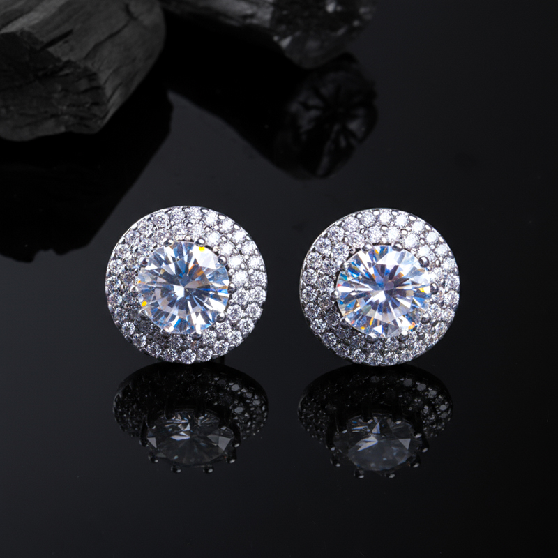 Bold Moissanite Round Cut Double Halo Stud Earrings In S925 Sterling Silver