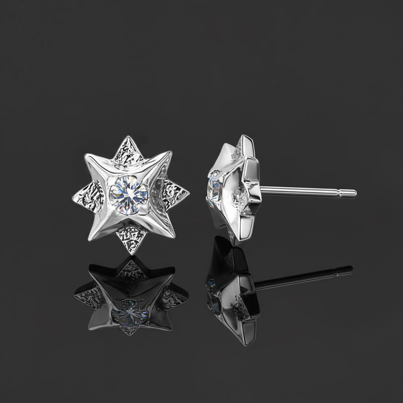 Moissanite Round Cut Polaris North Star Stud Earrings In S925 Sterling