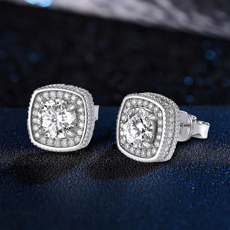 1ct 925s & Vvs Moissanite Cushion Cut Halo Stud Earrings Iced Out