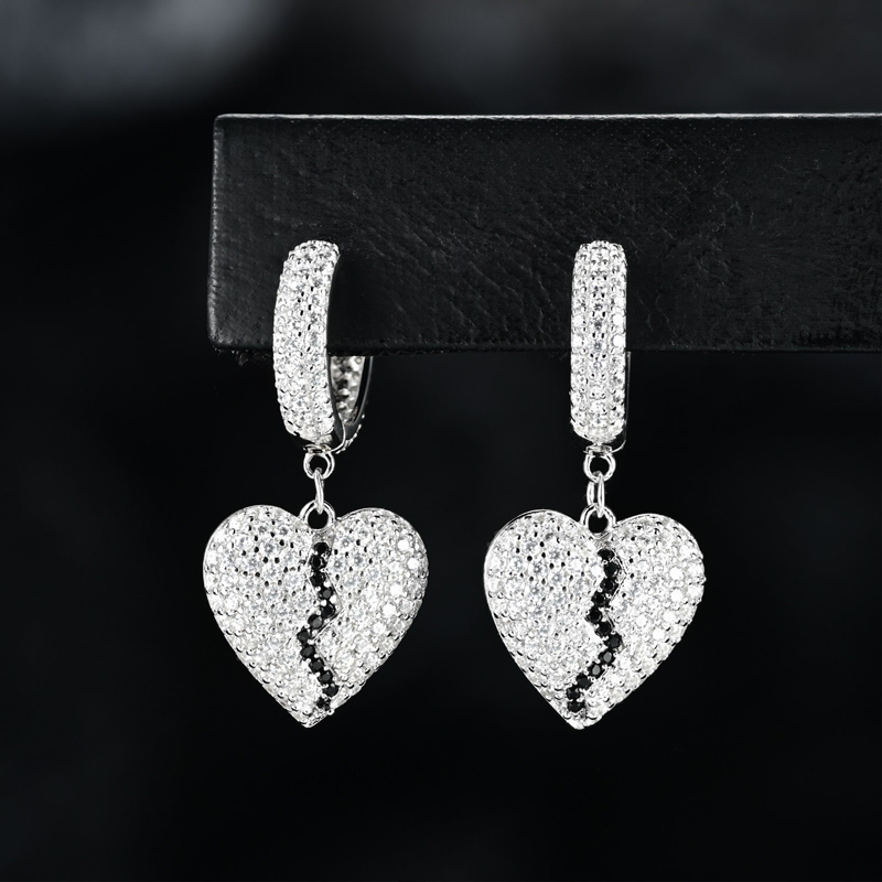 925s & Vvs Moissanite Black & White Broken Heart Iced Out Out Drop Earrings - Image 3