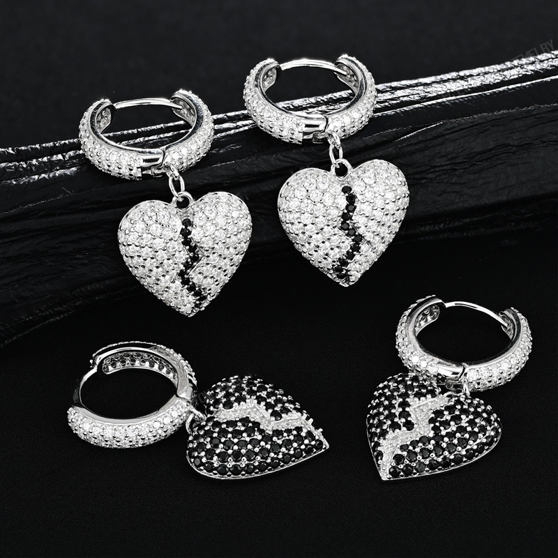 925s & Vvs Moissanite Black & White Broken Heart Iced Out Out Drop Earrings - Image 6