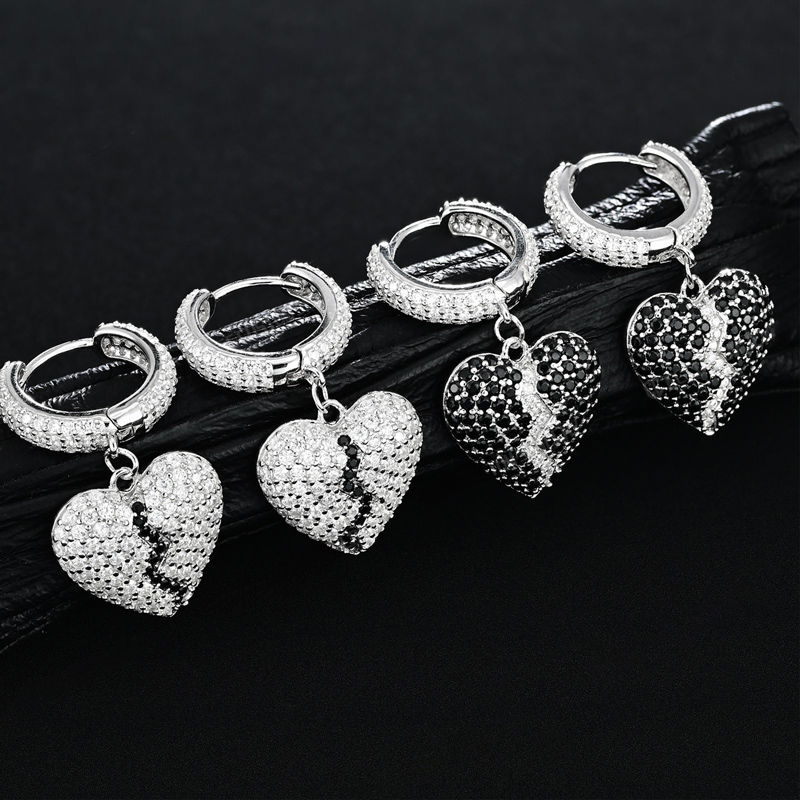 925s & Vvs Moissanite Black & White Broken Heart Iced Out Out Drop Earrings