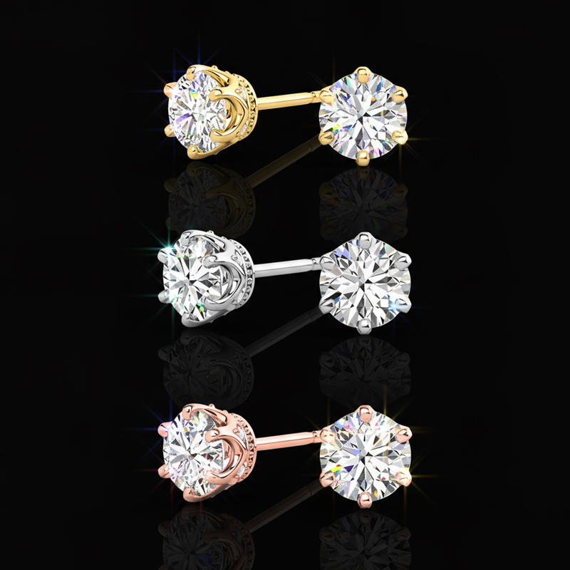 Moissanite Round Cut 6-prong Crown Stud Earrings With Iced Out Shine