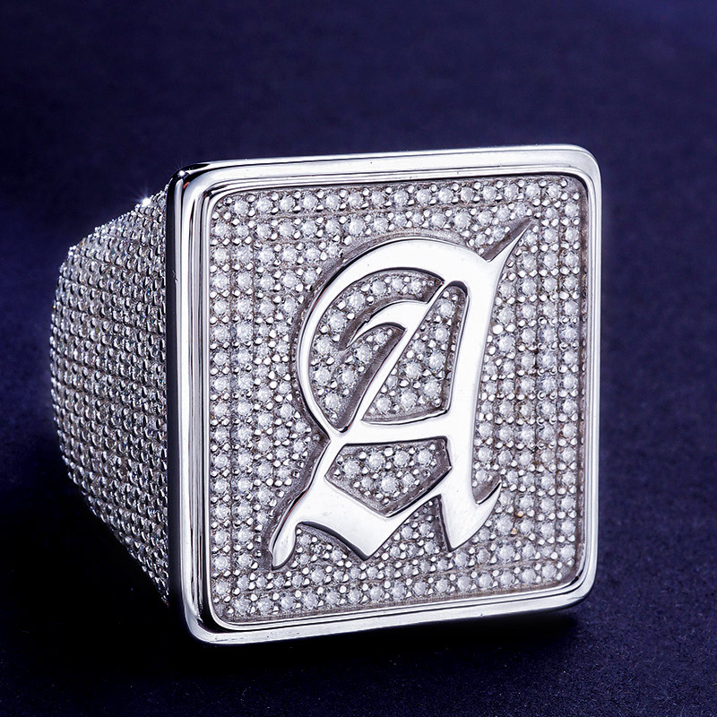 925s & Vvs Moissanite Old English Font 26 Initial Letters Ring Iced Out