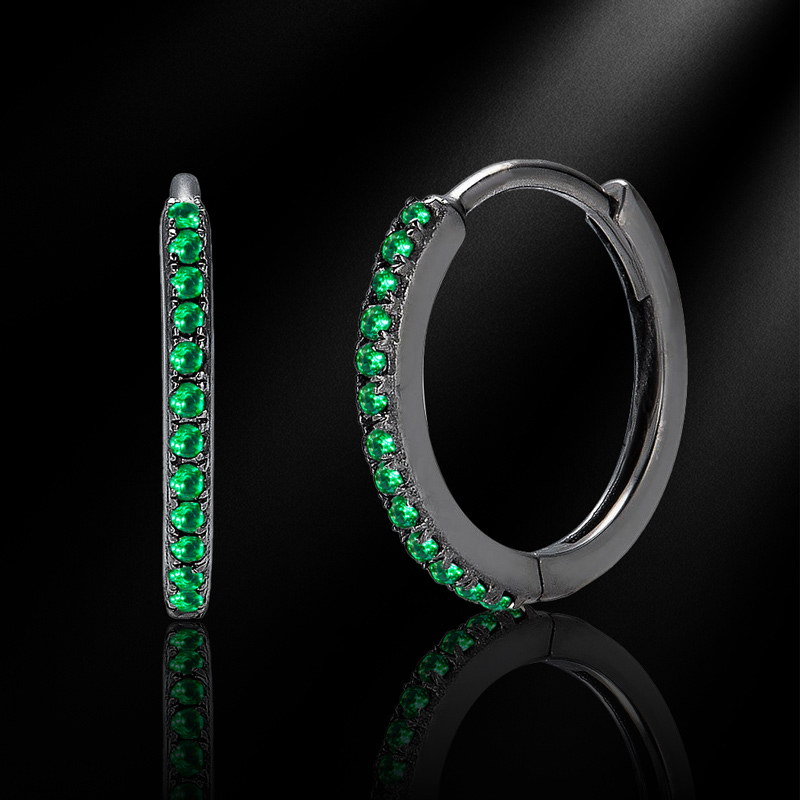 925s & Vvs Moissanite Black/emerald Micro Pave Hoop Earrings In Black Gold