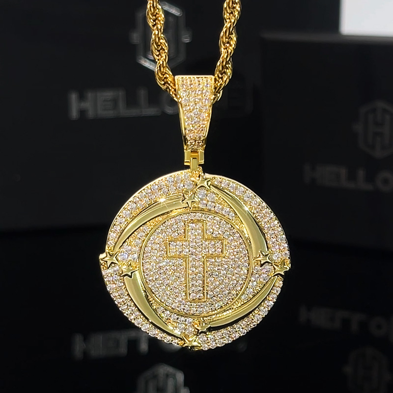 925s & Vvs Moissanite Cross Star Disc Pendant With Iced Out Shine - Image 4
