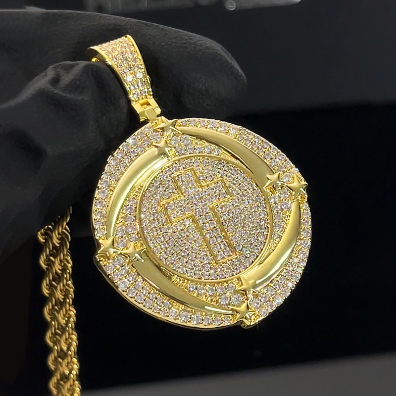 925s & Vvs Moissanite Cross Star Disc Pendant With Iced Out Shine
