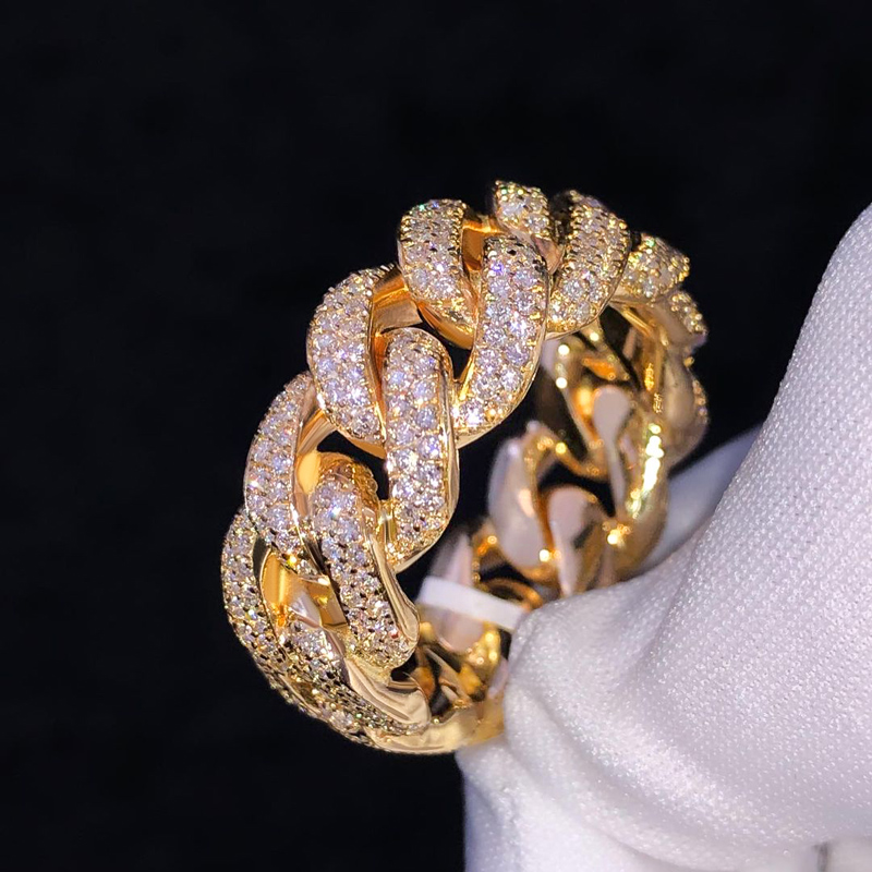 10mm 925s & Vvs Moissanite Cuban Link Ring In Gold With Iced Out Shine