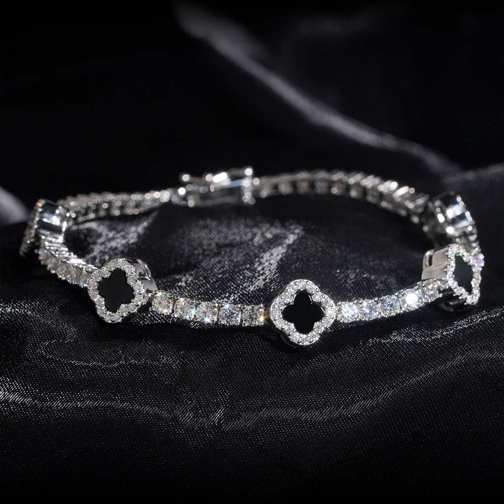925s & Vvs Moissanite Four Leaf Clover Black Onyx Tennis Bracelet Iced Out - Image 3