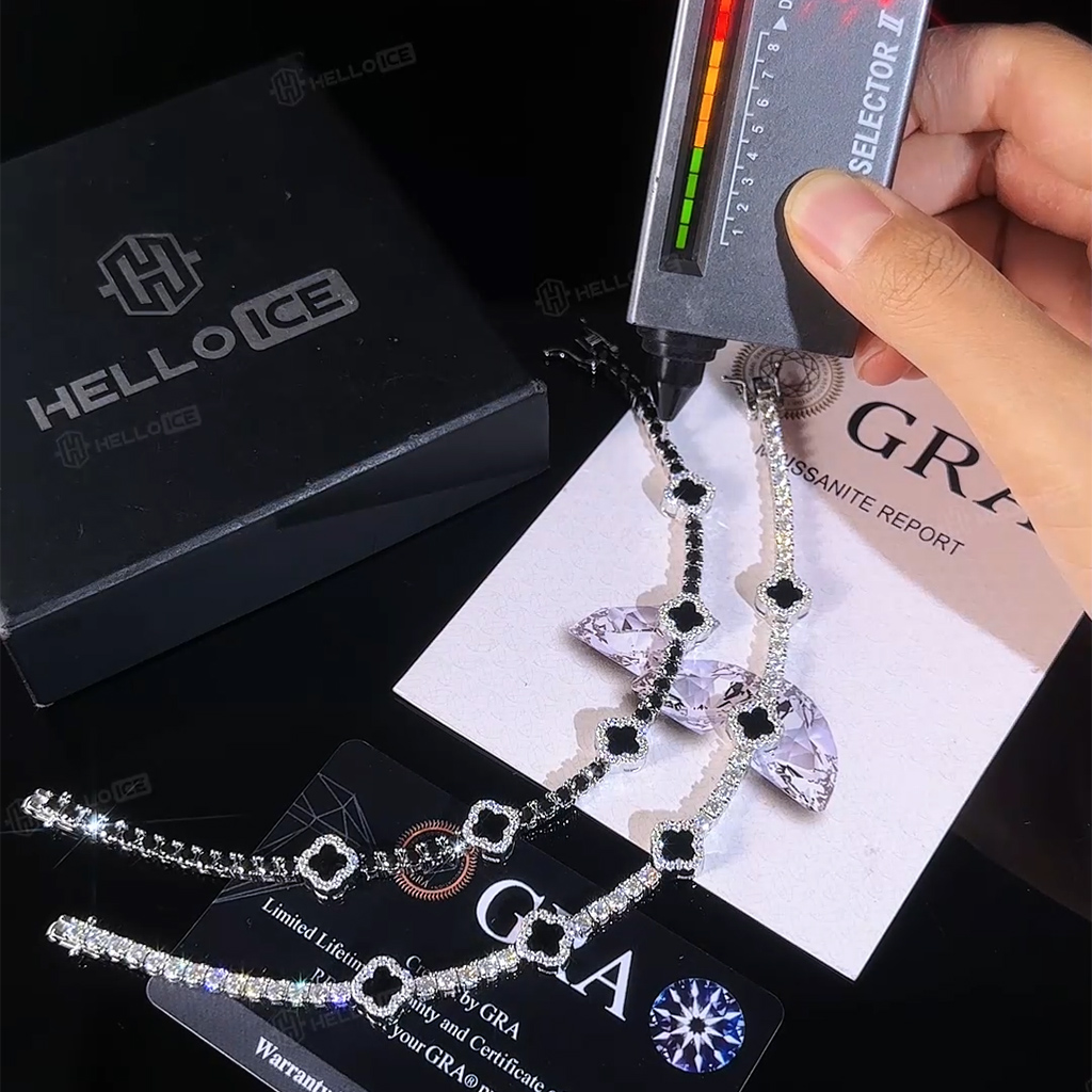 925s & Vvs Moissanite Four Leaf Clover Black Onyx Tennis Bracelet Iced Out - Image 4