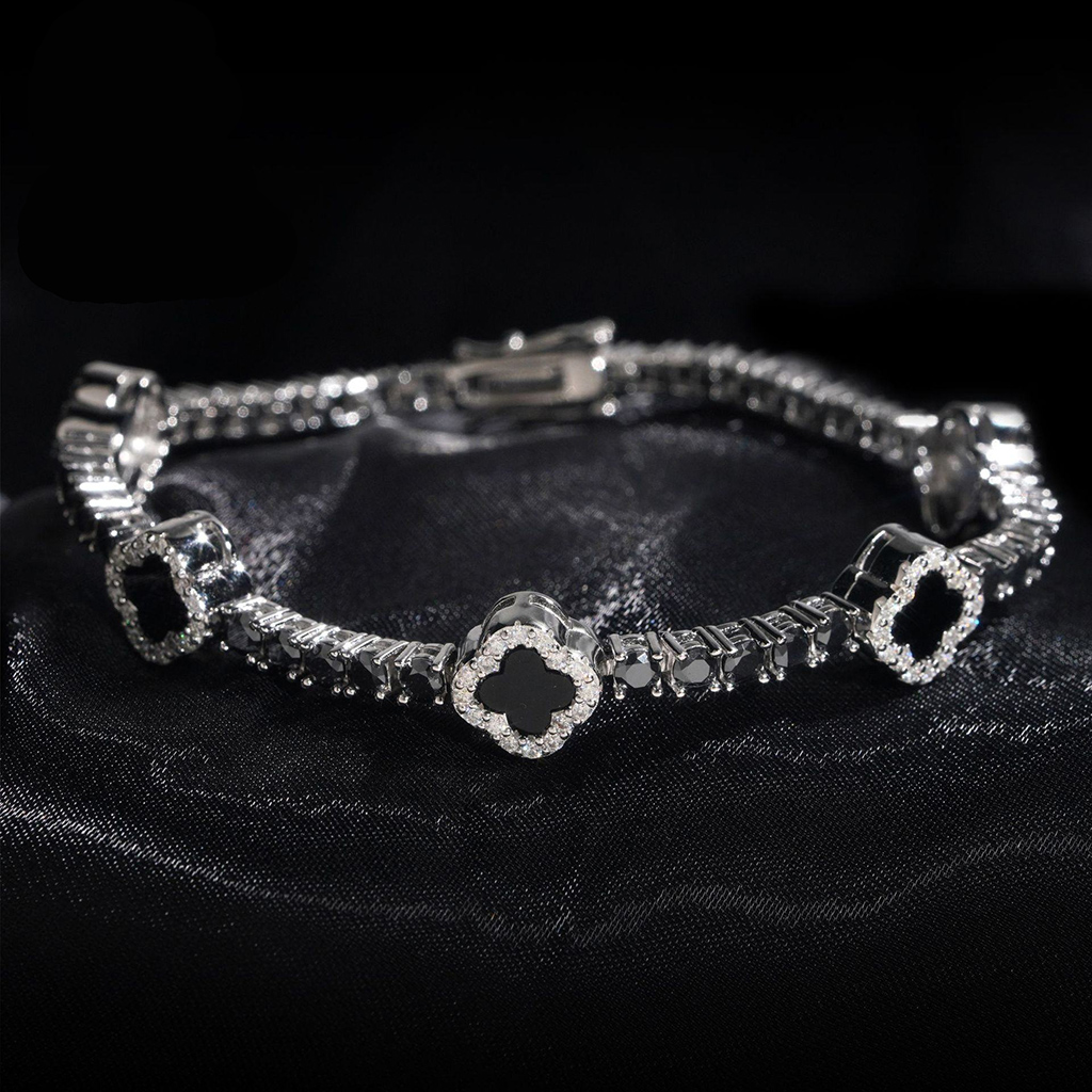 925s & Vvs Moissanite Four Leaf Clover Black Onyx Tennis Bracelet Iced Out - Image 5