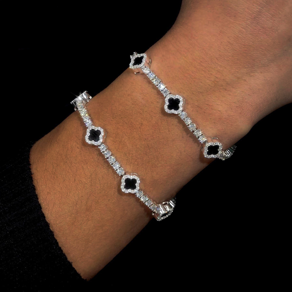 925s & Vvs Moissanite Four Leaf Clover Black Onyx Tennis Bracelet Iced Out - Image 6