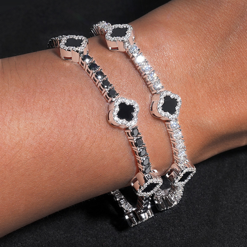 925s & Vvs Moissanite Four Leaf Clover Black Onyx Tennis Bracelet Iced Out - Image 7
