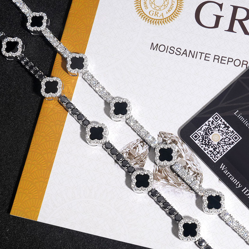 925s & Vvs Moissanite Four Leaf Clover Black Onyx Tennis Bracelet Iced Out - Image 9