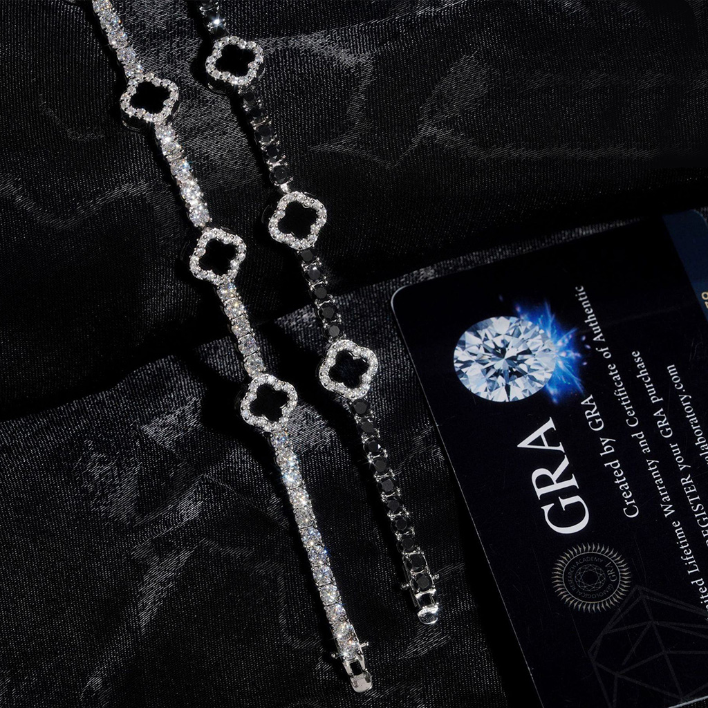 925s & Vvs Moissanite Four Leaf Clover Black Onyx Tennis Bracelet Iced Out - Image 10