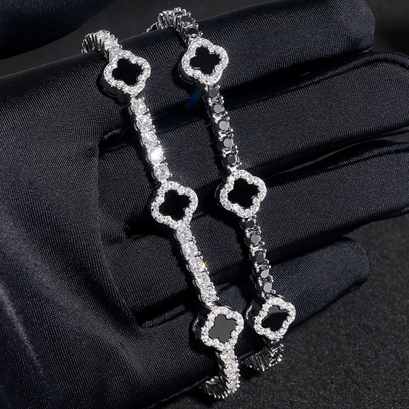 925s & Vvs Moissanite Four Leaf Clover Black Onyx Tennis Bracelet Iced Out