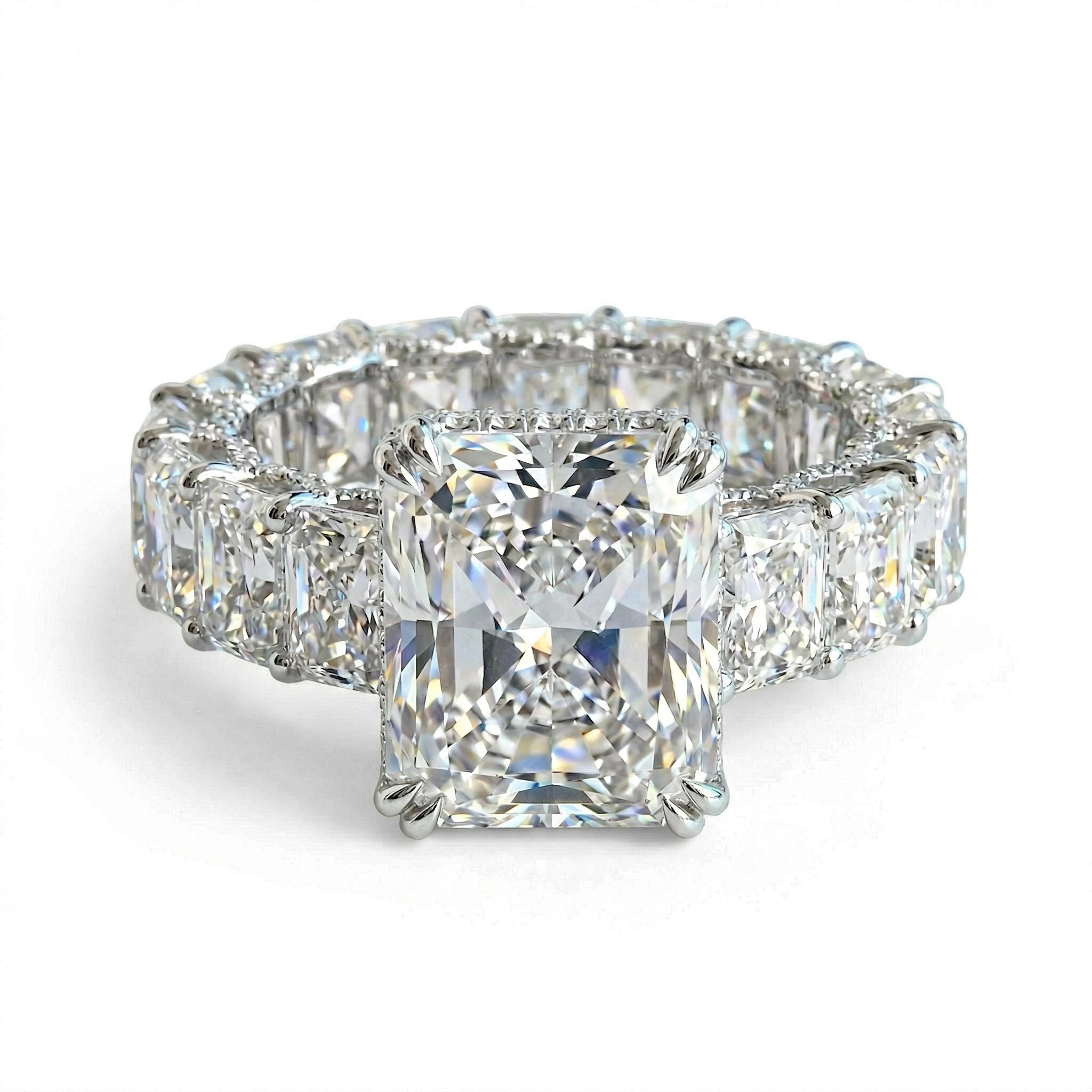 925s & Vvs Moissanite 14.22 Ct Luxury Radiant Cut Pave Halo Engagement Ring - Image 4