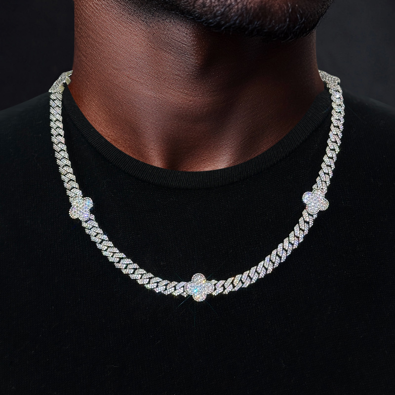 8mm 925s & Vvs Moissanite Four Leaves Cuban Chain With Iced Out Shine