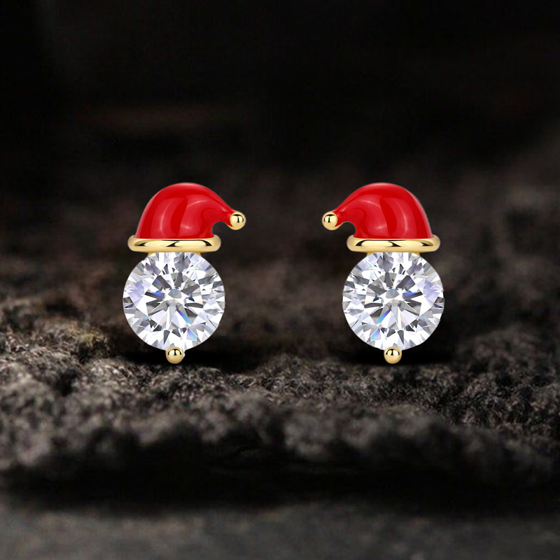 S925 & Moissanite Santa Hat Round Cut Stud Earrings With Iced Out Shine