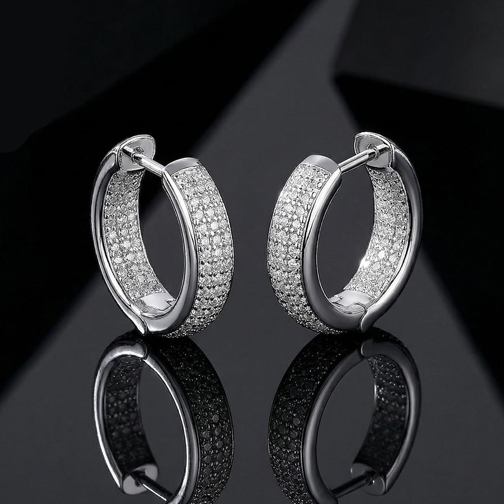 S925 & Moissanite 3-row Hoop Earrings In White Gold With Iced Out Shine