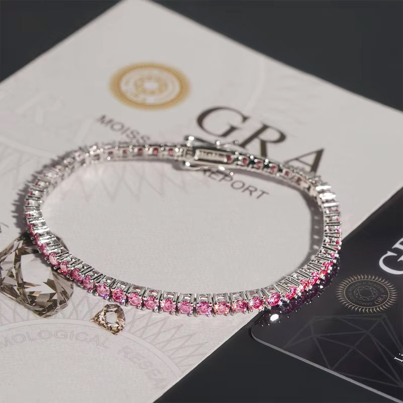 3mm/4mm/5mm S925 & Moissanite Pink Tennis Bracelet With Iced Out Shine - Image 4