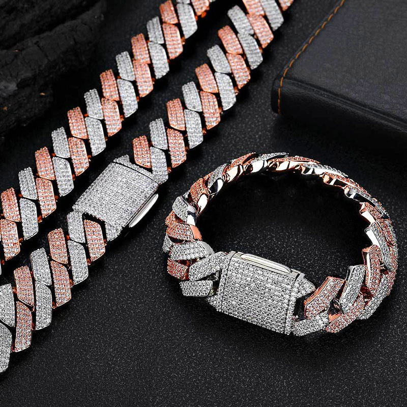 20mm S925 Rose & White Gold Moissanite Prong Cuban Link Chain Iced Out - Image 4