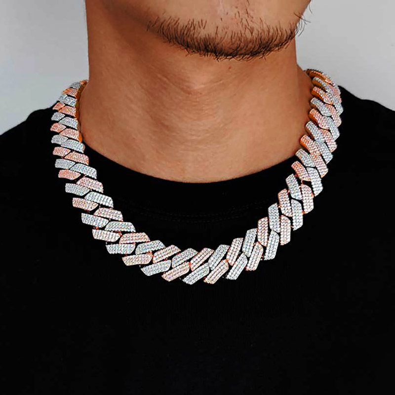 20mm S925 Rose & White Gold Moissanite Prong Cuban Link Chain Iced Out