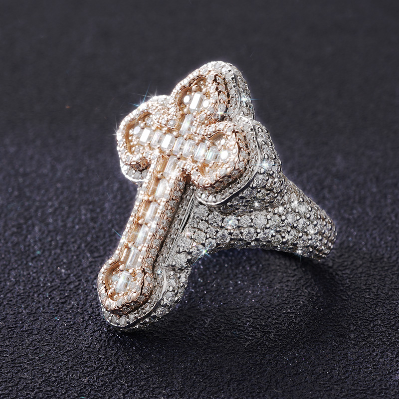 S925 & Moissanite Cross Ring In Rose And White Gold Plating Iced Out - Image 4