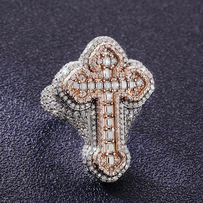 S925 & Moissanite Cross Ring In Rose And White Gold Plating Iced Out