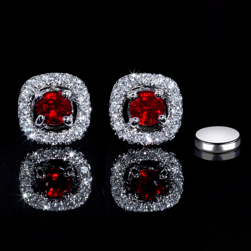 925s & Moissanite Ruby Magnetic Non-piercing Earrings Iced Out