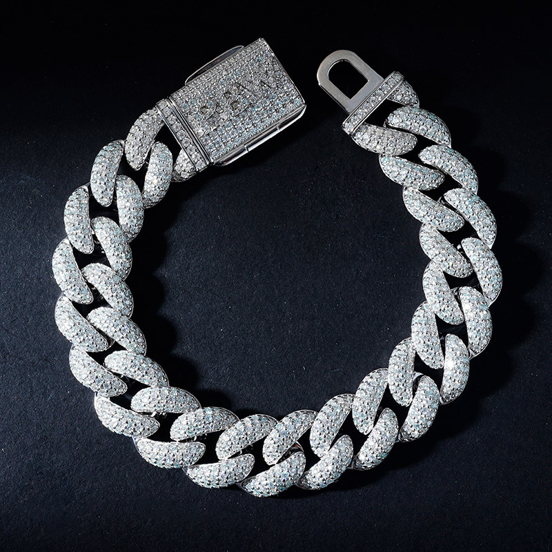 15mm Moissanite S925 Silver Cuban Link Bracelet With Custom Name Box Clasp - Image 4