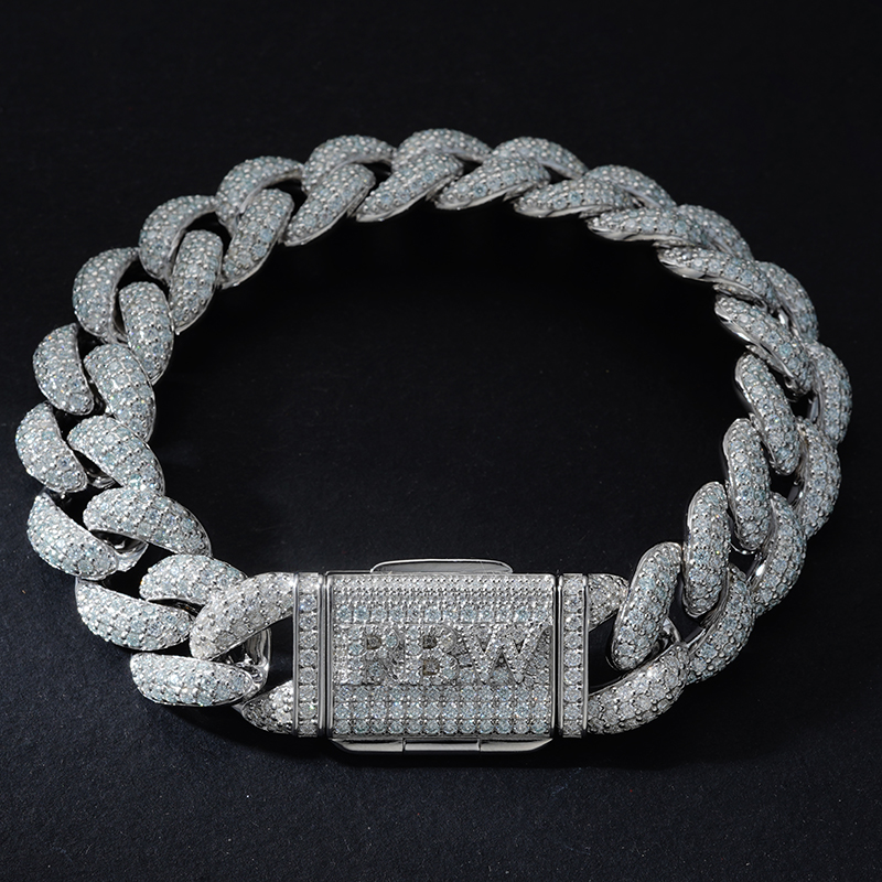 15mm Moissanite S925 Silver Cuban Link Bracelet With Custom Name Box Clasp
